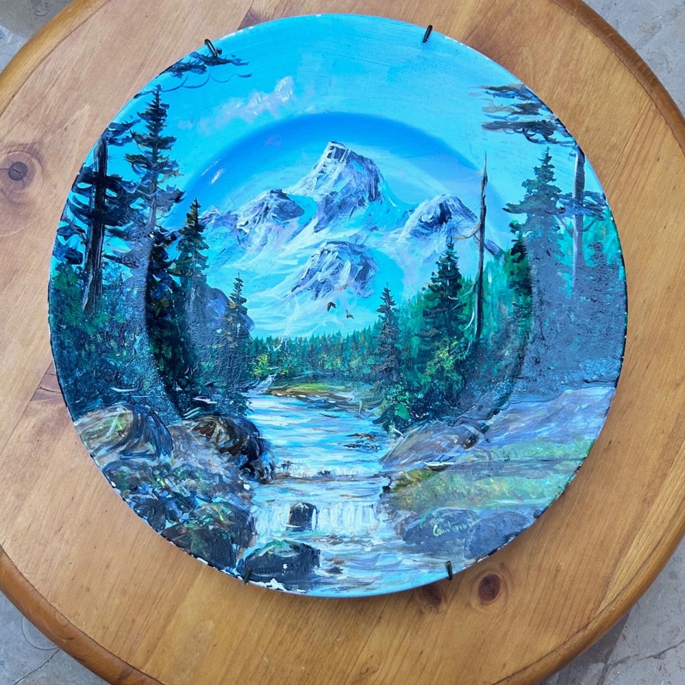 Vintage Hand Painted Ceramic Plate Art Large Forest Mountain Marc Courtemanche